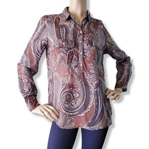 Zara Brown Paisley Half Button Down Cotton Voile Blouse